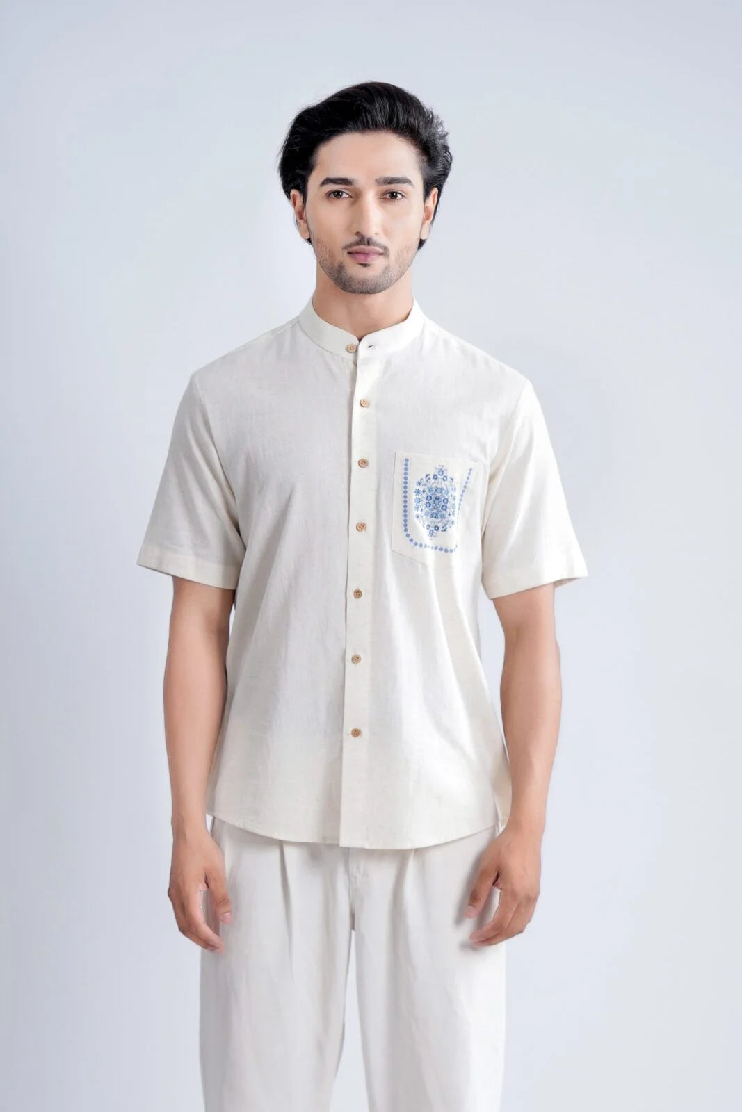 LINEN COTTON SHIRT WITH INDIGO FLORAL MOTIF