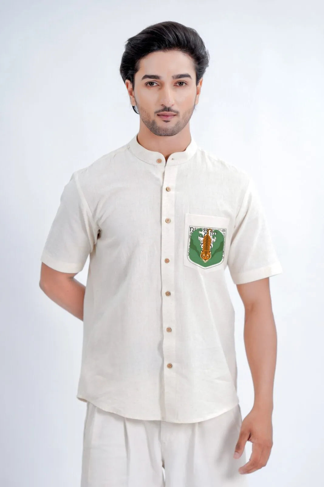 LINEN COTTON SHIRT WITH TIGER MOTIF