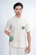 LINEN COTTON SHIRT WITH GREEN MOON LOTUS MOTIF