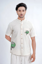 LINEN COTTON SHIRT WITH GREEN MOON LOTUS MOTIF