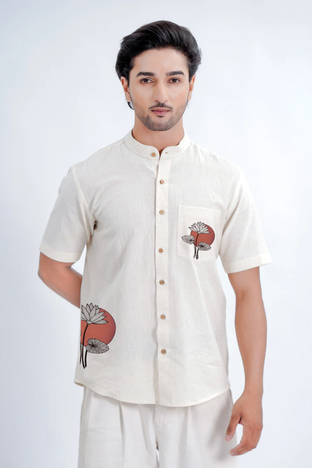 LINEN COTTON SHIRT WITH RED MOON LOTUS MOTIF