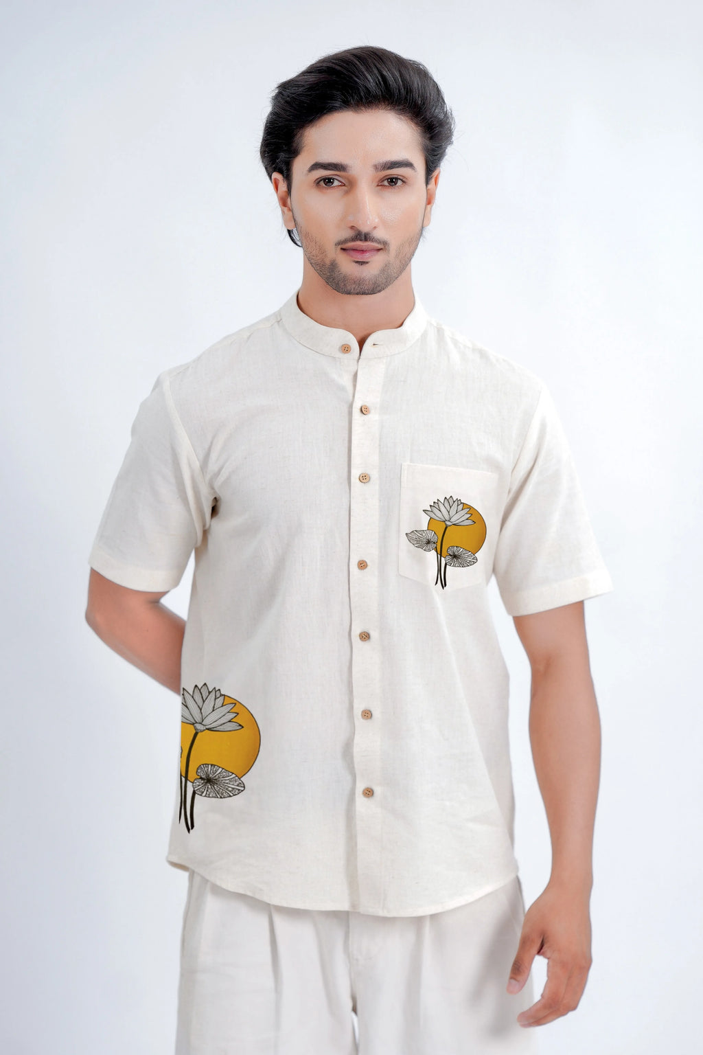 LINEN COTTON SHIRT WITH YELLOW MOON LOTUS MOTIF
