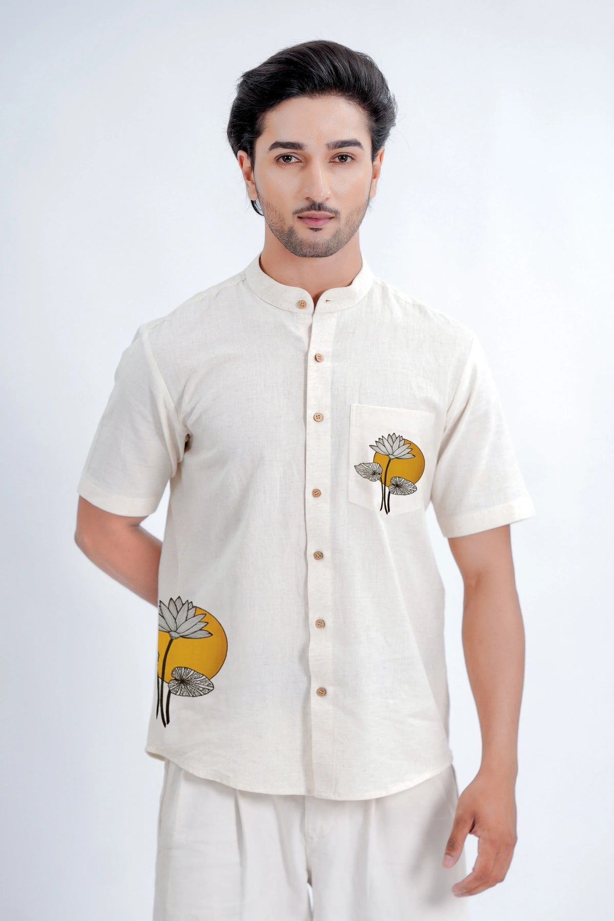LINEN COTTON SHIRT WITH YELLOW MOON LOTUS MOTIF