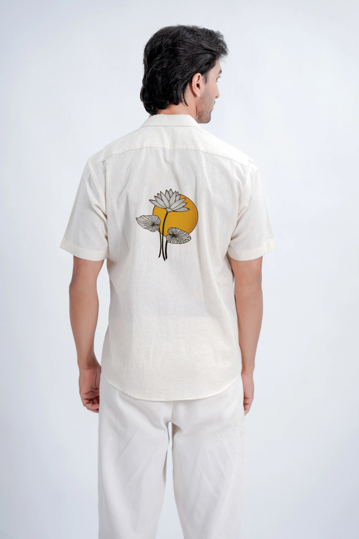 LINEN COTTON SHIRT WITH YELLOW MOON LOTUS MOTIF