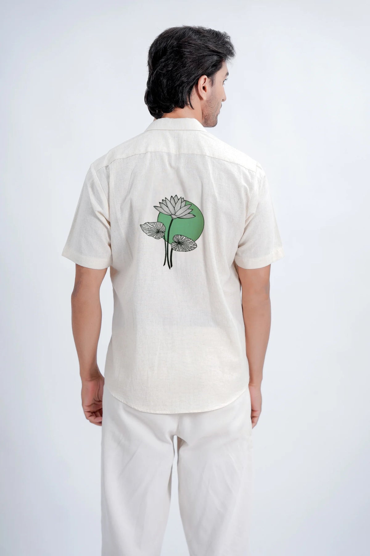 LINEN COTTON SHIRT WITH GREEN MOON LOTUS MOTIF