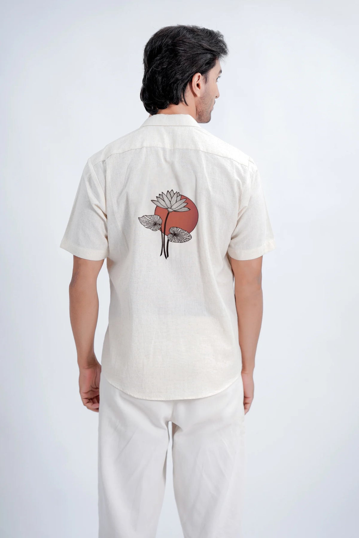 LINEN COTTON SHIRT WITH RED MOON LOTUS MOTIF