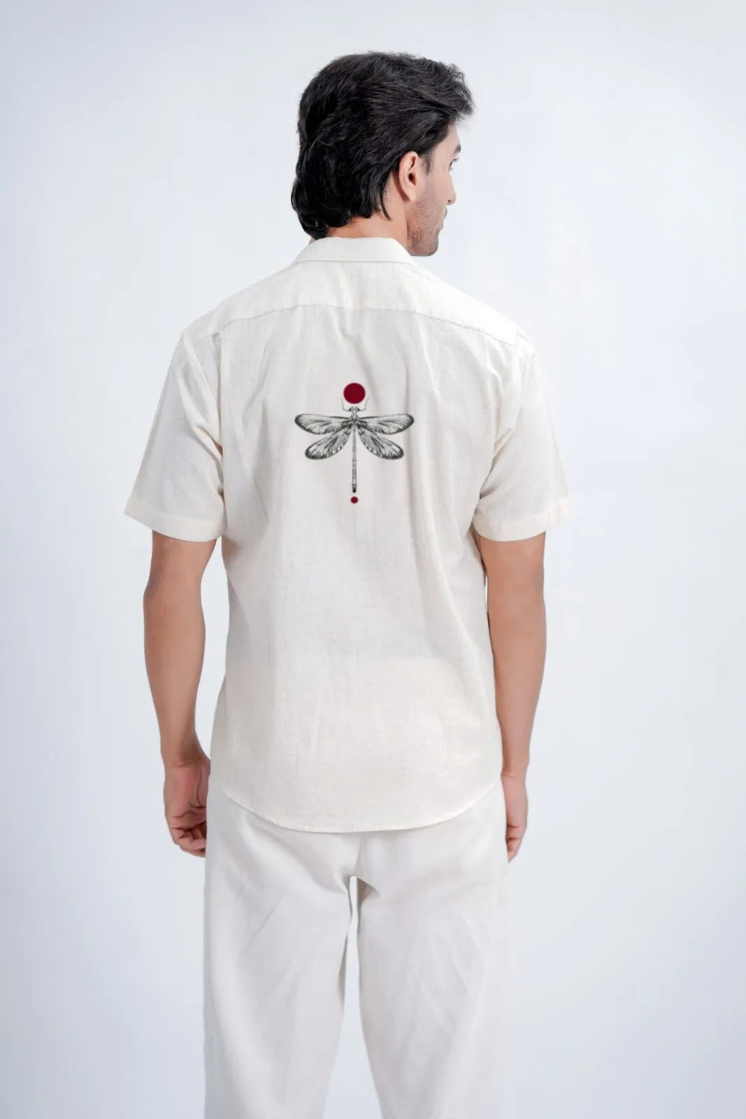 LINEN COTTON SHIRT WITH DRAGONFLY MOTIF