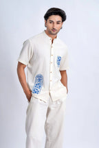 LINEN COTTON SHIRT WITH INDIGO ARCH MOTIF