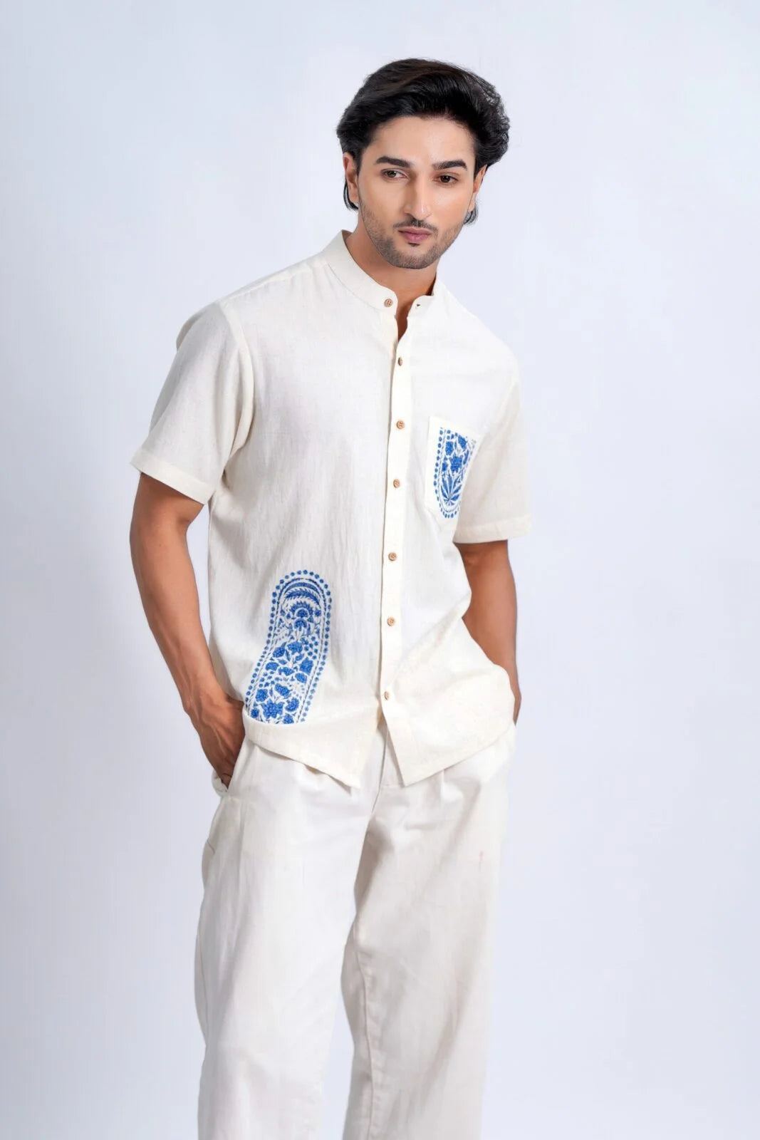 LINEN COTTON SHIRT WITH INDIGO ARCH MOTIF