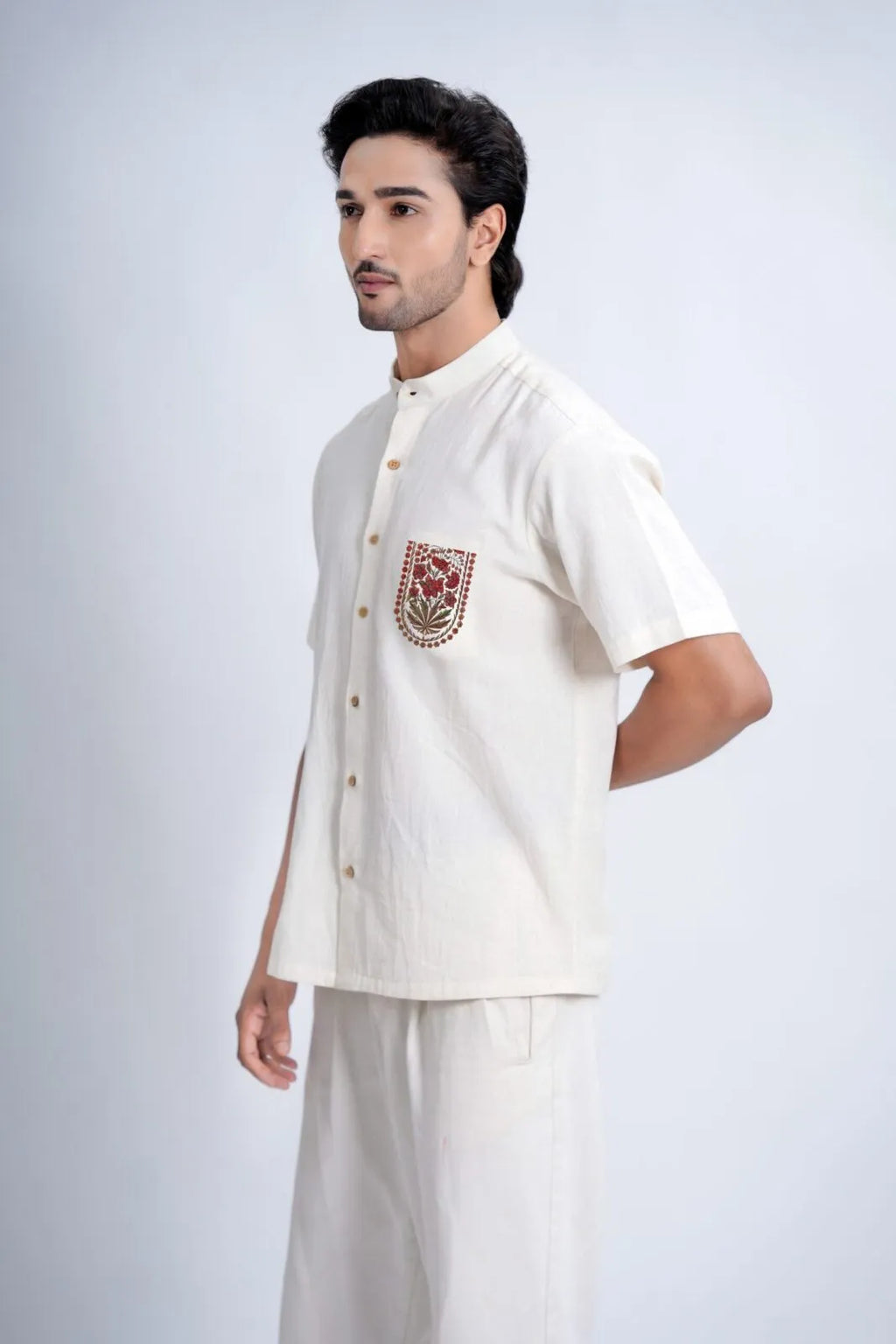 LINEN COTTON SHIRT WITH RED ARCH MOTIF