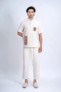 LINEN COTTON SHIRT WITH RED ARCH MOTIF