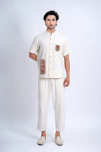 LINEN COTTON SHIRT WITH RED ARCH MOTIF