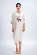 LINEN COTTON KAFTAN WITH RED DEER MOTIF