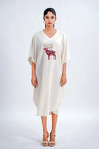 LINEN COTTON KAFTAN WITH RED DEER MOTIF