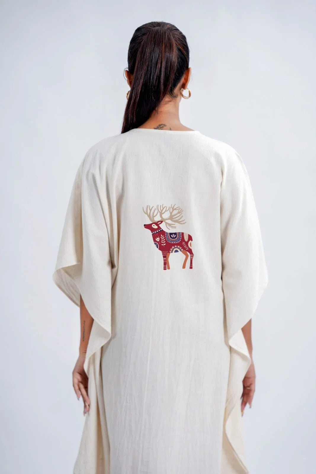 LINEN COTTON KAFTAN WITH RED DEER MOTIF