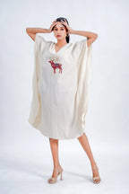 LINEN COTTON KAFTAN WITH RED DEER MOTIF