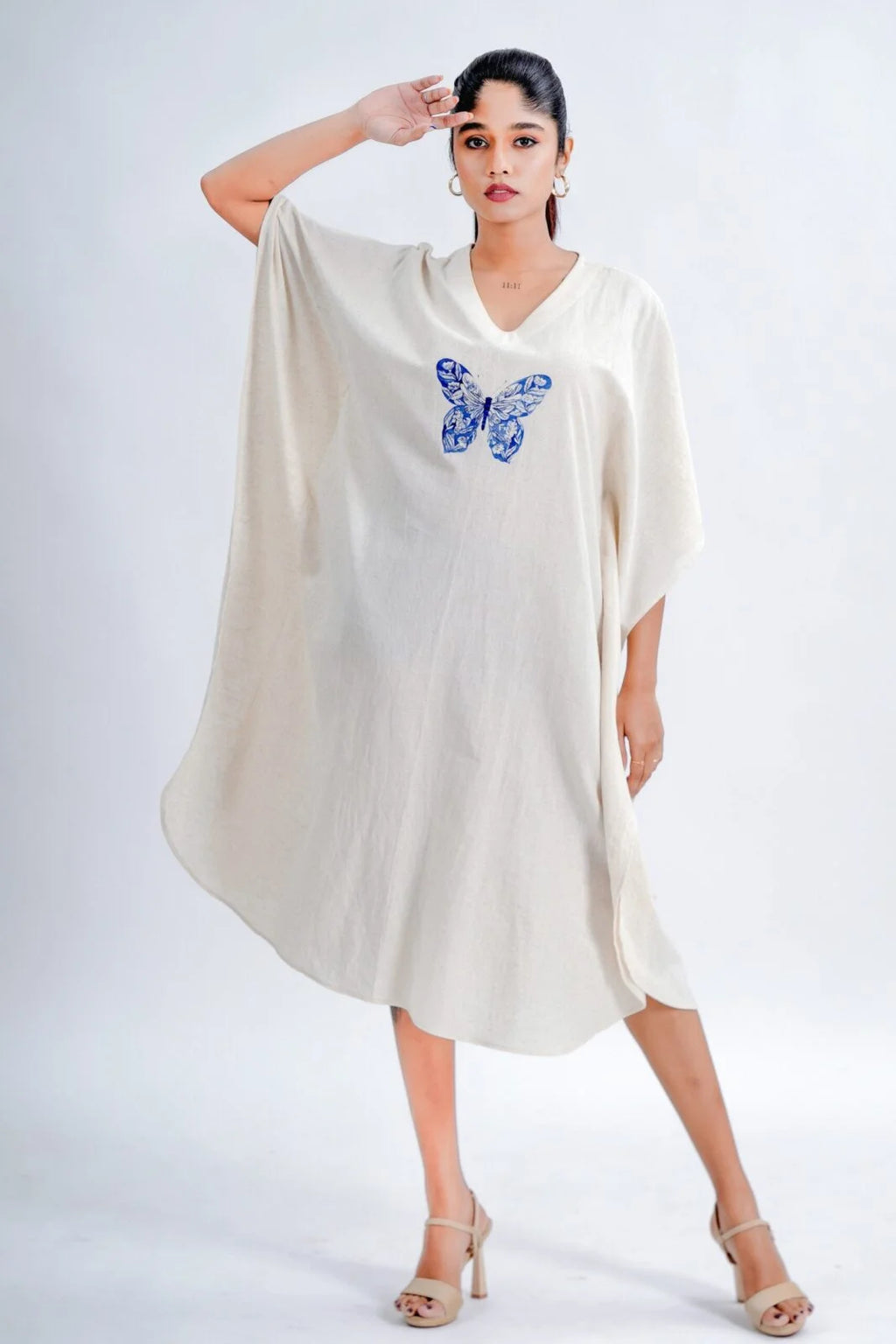 LINEN COTTON KAFTAN WITH INDIGO BUTTERFLY MOTIF