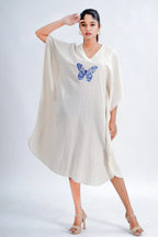 LINEN COTTON KAFTAN WITH INDIGO BUTTERFLY MOTIF