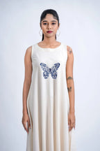 LINEN COTTON DRESS WITH INDIGO BUTTERFLY MOTIF