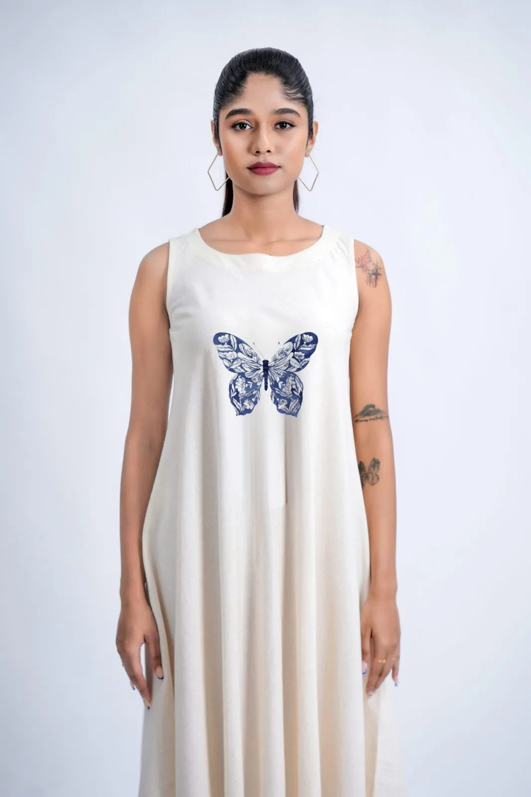 LINEN COTTON DRESS WITH INDIGO BUTTERFLY MOTIF