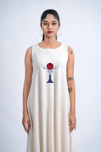 LINEN COTTON DRESS WITH RED MOON DEER MOTIF
