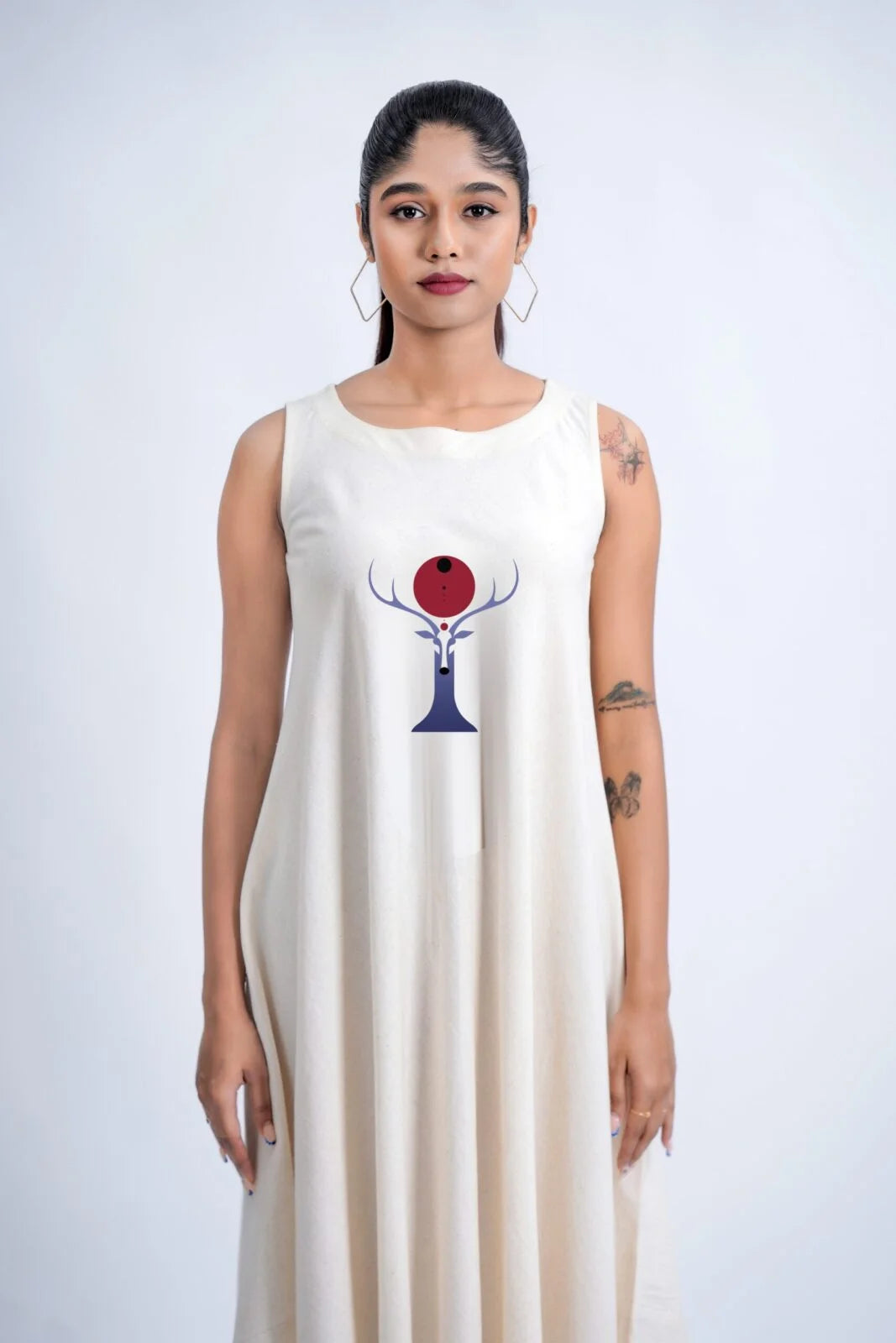 LINEN COTTON DRESS WITH RED MOON DEER MOTIF