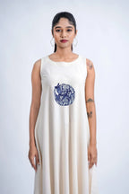 LINEN COTTON DRESS WITH INDIGO CAT NAP MOTIF