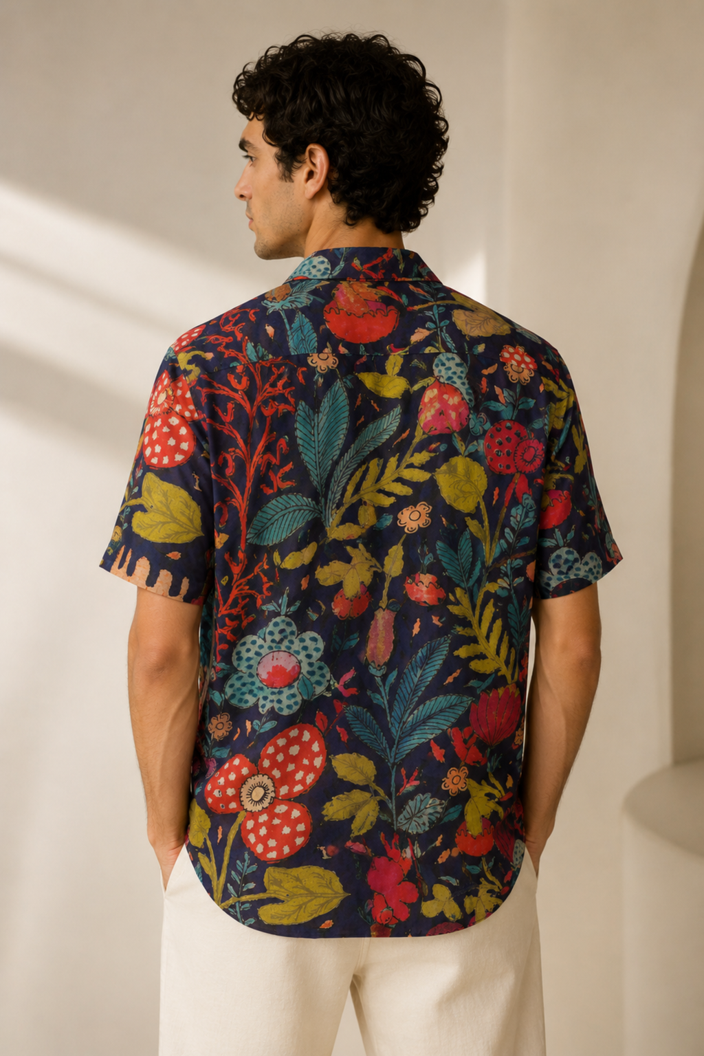 MUSLIN SILK FLORAL SHIRT NAVY BLUE