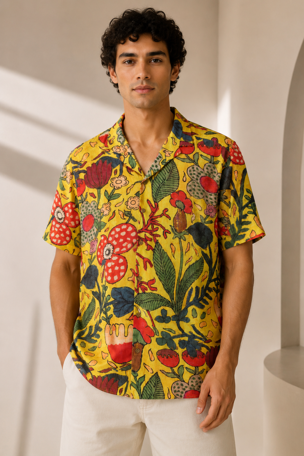 MUSLIN SILK FLORAL SHIRT YELLOW