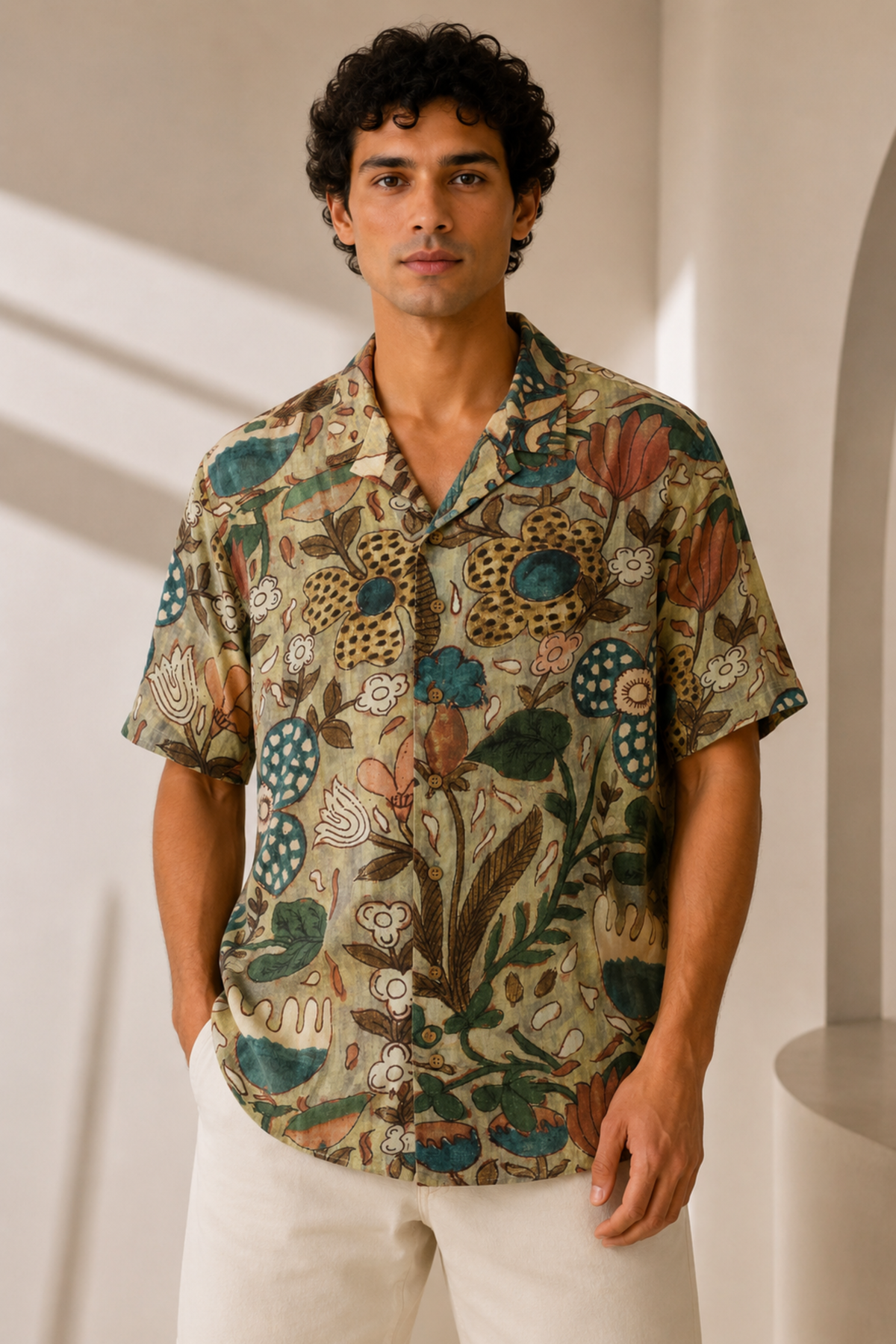 MUSLIN SILK FLORAL SHIRT GREEN