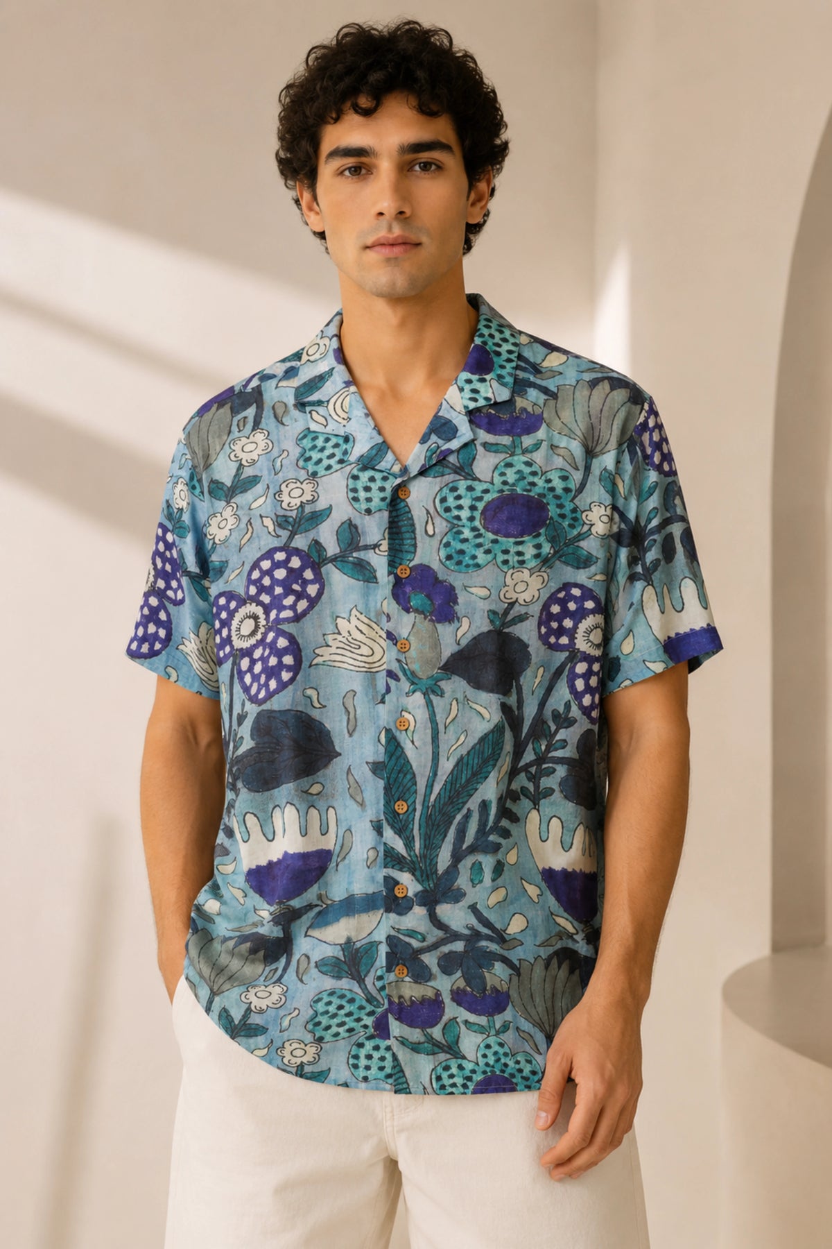 MUSLIN SILK FLORAL SHIRT BLUE