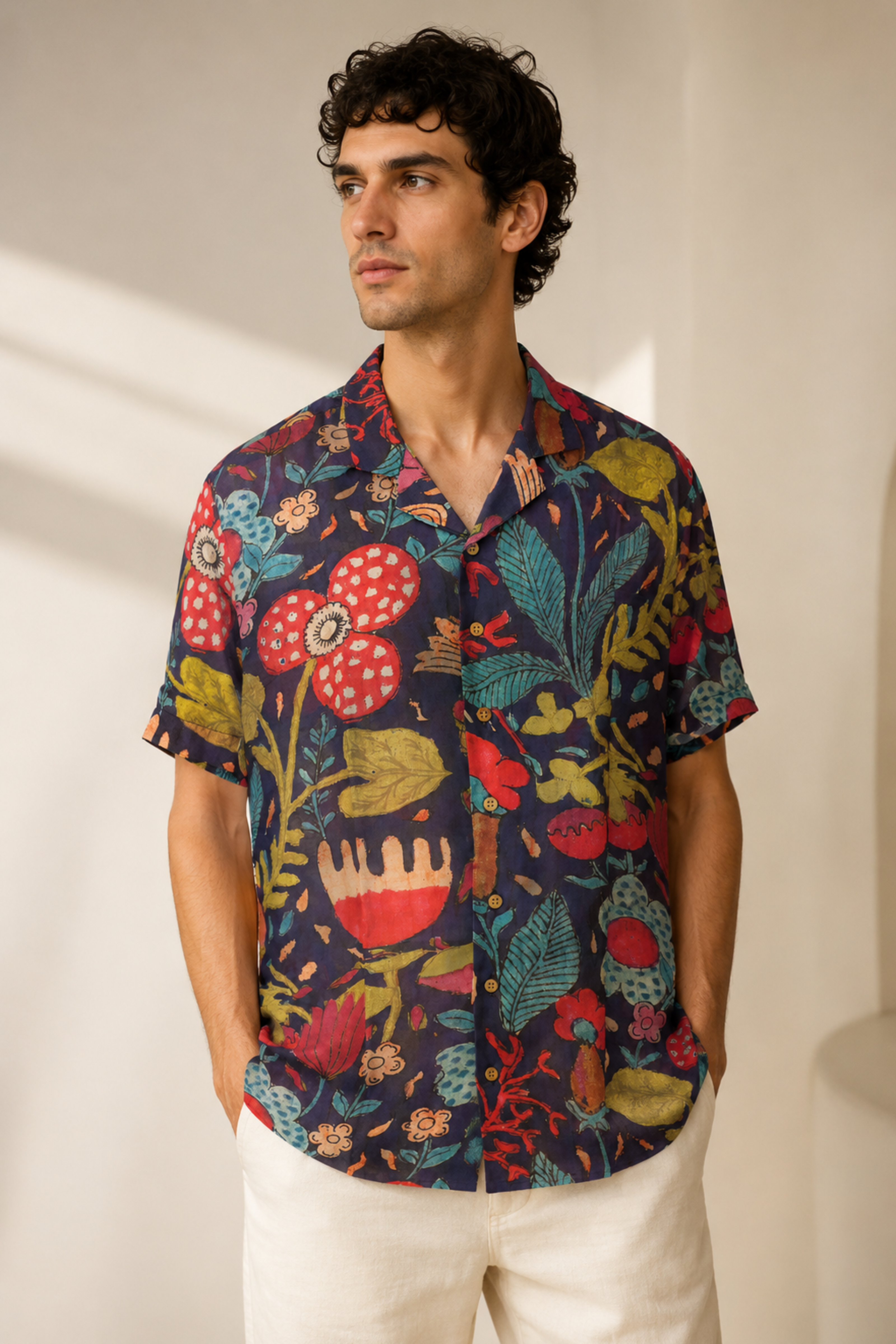 MUSLIN SILK FLORAL SHIRT NAVY BLUE