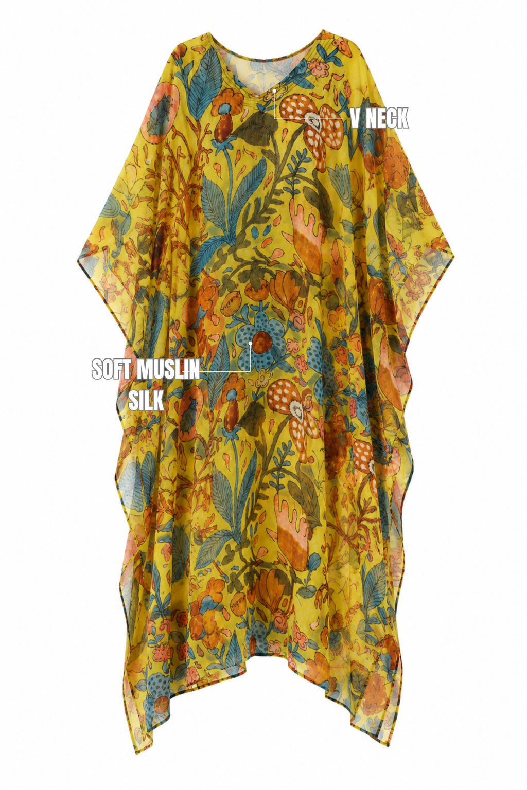 MUSLIN SILK FLORAL KAFTAN YELLOW