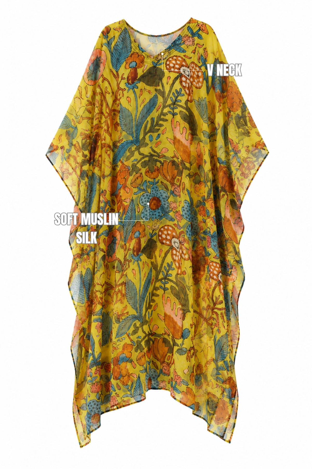 MUSLIN SILK FLORAL KAFTAN YELLOW