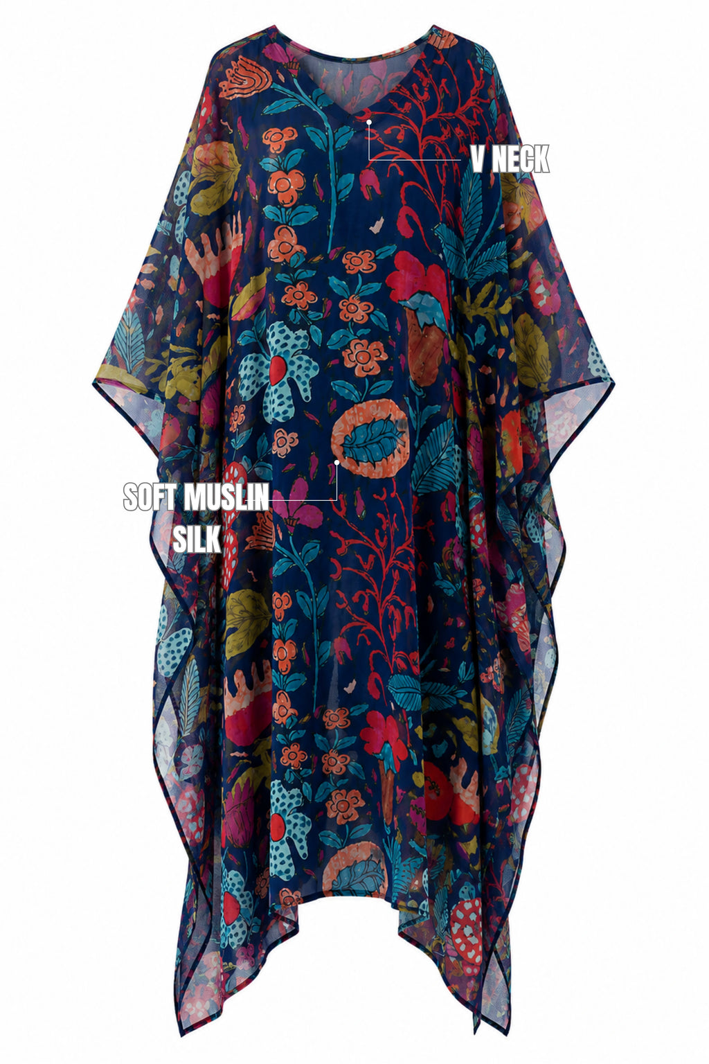 MUSLIN SILK FLORAL KAFTAN DARK BLUE