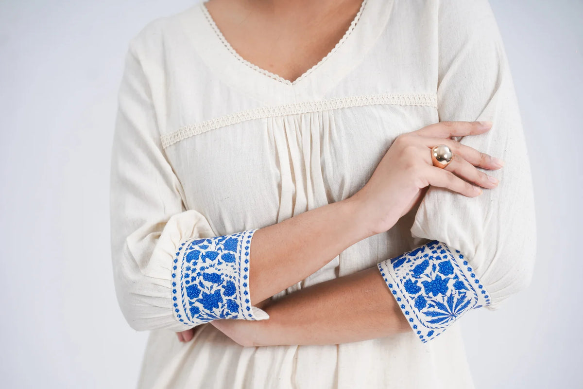LINEN COTTON KURTA WITH INDIGO ARCH MOTIF